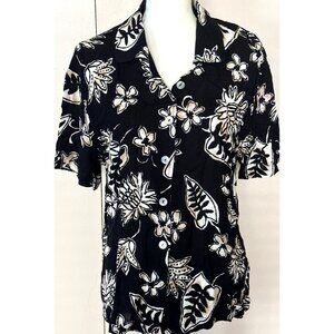 Vintage 90s Y2k Hawaiian Blouse Women Medium Tropical Black White Luau Resort